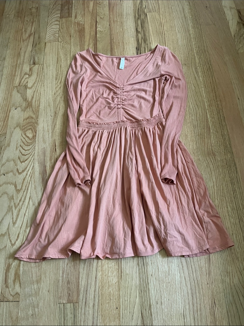 Ruched Waist Long-Sleeve Casual Dress in Peach